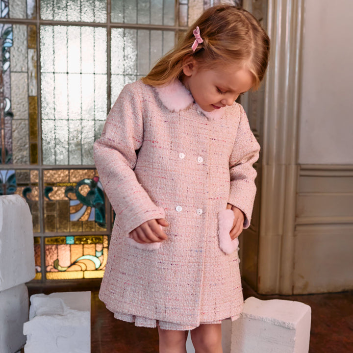Patachou Pale Pink Tweed & Fur Coat