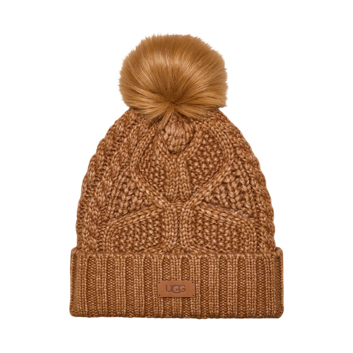 UGG Womens Cable Beanie With Pom Chestnut
